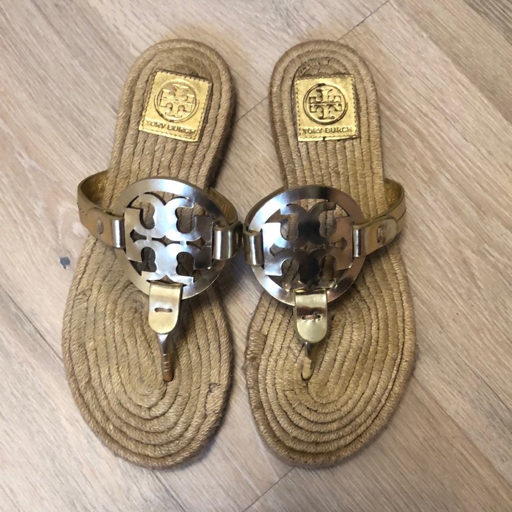 Tory Burch Metallic Gold Thong Espadrille Sandals